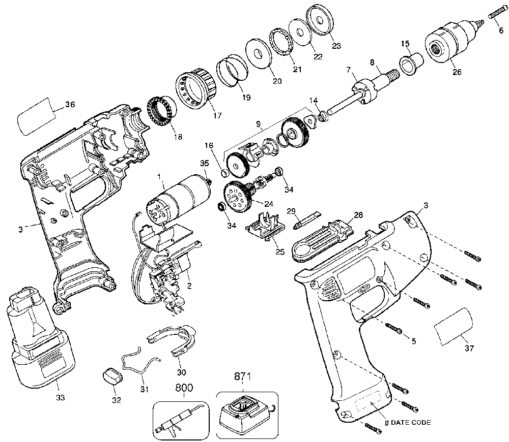 Exploded Diagram A Diagram and Parts List for 1964K-50 Type 1 Black and Decker Cordless Drill